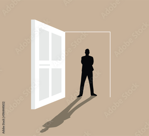 Successful Business Man Standing in a Doorway Silhouette. People and success, determination, company CEO leadership