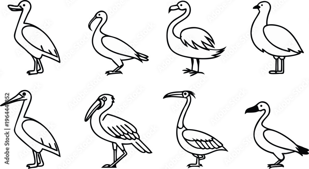 Obraz premium A set of vector bird silhouettes featuring a black swan and goose illustration designed as a nature symbol of love on a lake