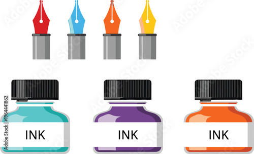 Flat vector illustration set of colorful fountain pen nibs and glass ink bottles with turquoise purple and orange ink for calligraphy and sketching