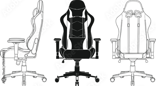 Gaming chair vector set with technical line drawing and black silhouette showing front side and back view for office furniture design isolated on white