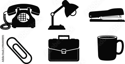 Collection of six office supply icons, black vector silhouettes of vintage telephone, desk lamp, and briefcase isolated on white.