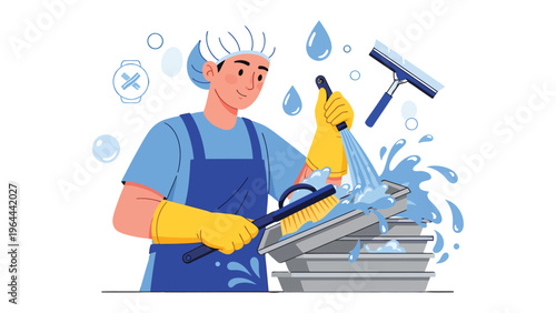 Cleanse and Care: A dedicated individual meticulously cleans dishes with a brush and water, symbolizing hygiene and cleanliness.