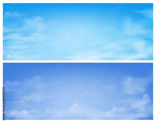 Hazy cloudscape scenery with fluffy clouds. Vector realistic style, sky during day with bright daylight. Nature scene or landscape design. Floating soft cumulus, dreamy background, heaven set