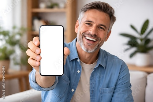Happy man showing smartphone mockup, blank screen with copy space,