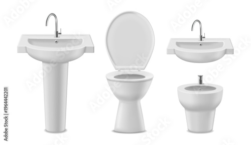 Bathroom fixtures set. Vector realistic isolated toilet and bidet, wall mounted and pedestal washbasins. Ceramic sanitary ware collection. Interior mockups, product catalogs and advertising layouts