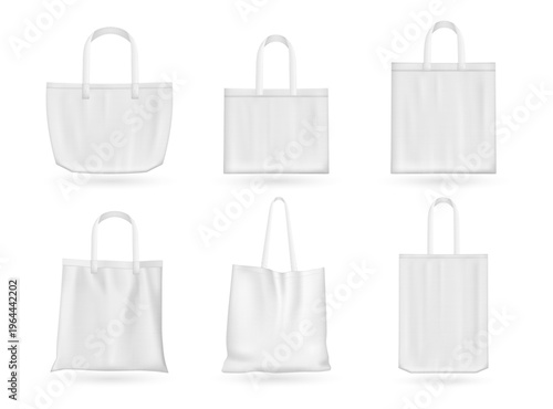 Realistic fabric bags, isolated set of blank custom designs ecobags. Vector realistic canvas handbags, fashion eco recycle cloth shoppers mockups. Reusable carryalls for grocery shop