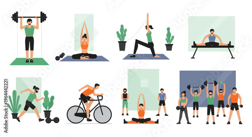 Diverse group of people engaging in various fitness activities and exercises.