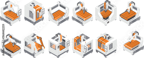 Isometric CNC milling machine set with industrial robotic arm and automated metal carving equipment for high precision manufacturing factory production line vector illustration