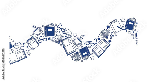 Literary Wave: Artistic rendering of books, spectacles, and star-shaped icons forming a flowing wave, celebrating the love for literature and knowledge. 