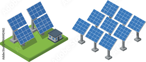 Isometric solar panel farm set with renewable energy photovoltaic modules and power substation building for sustainable electricity generation green technology isolated on white background