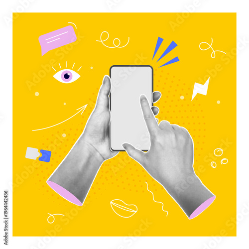 3D halftone hands holding smartphone. Vector pop art style collage with playful icons and doodles. Mobile app promotion or tech banners, digital communication concepts or creative web design elements