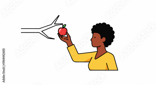 Minimalist illustration of a Black woman picking a fresh red apple from a tree branch, symbolizing harvest, healthy eating, and nature's bounty.