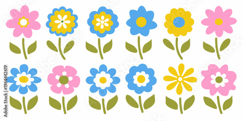 Colorful cartoon flowers arranged in two rows on a white background