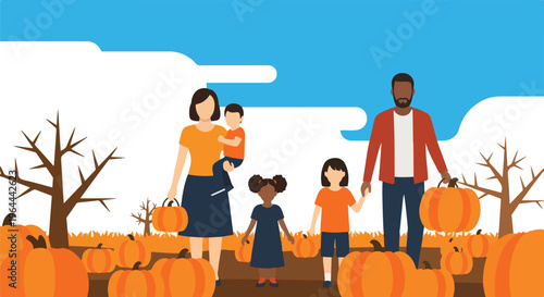 Diverse Family Enjoying Autumn Day at Pumpkin Patch, Picking Pumpkins for Fall Harvest and Halloween Celebrations