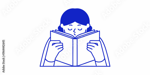A minimalist illustration depicts a person engrossed in reading a book