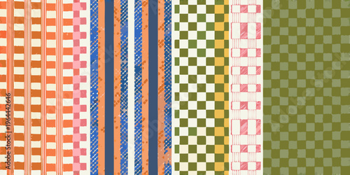 Colorful pattern of striped and checkered fabric swatches displayed closely