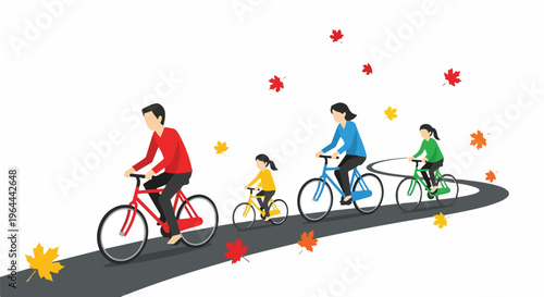 Family cycling on a path in autumn with falling leaves, illustration of healthy lifestyle and outdoor activity