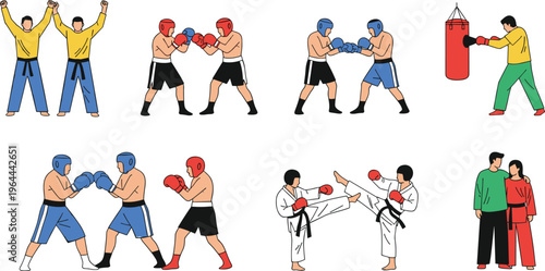 Martial arts and boxing training illustration set with boxers sparring karate fighters practicing kicks and athletes in kimonos isolated on white background vector collection