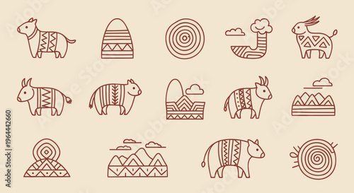Collection of stylized animal and nature icons with tribal patterns.