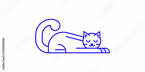 Minimalist blue line drawing of a relaxed sleeping cat in a curled pose