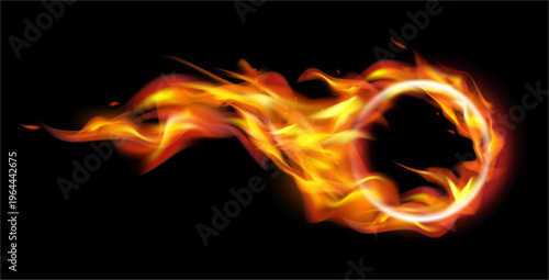 Burning ring of flames and fire. Vector realistic, isolated circle with blazing hellish fire. Blaze and ignition, frame for media or game design elements. Rounded shape with trail effect