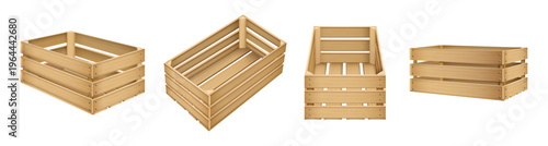Eco friendly wooden packaging box mockups. Vector isolated empty crate design with natural wood planks displayed in different angles. Realistic reusable farm storages and packs presentations