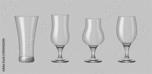 Beer empty glass, isolated set of tableware, clean alcoholic beverage mugs and goblets for serving. Vector in realistic style, blank cups for brewery logo or name. Simple glassware collection