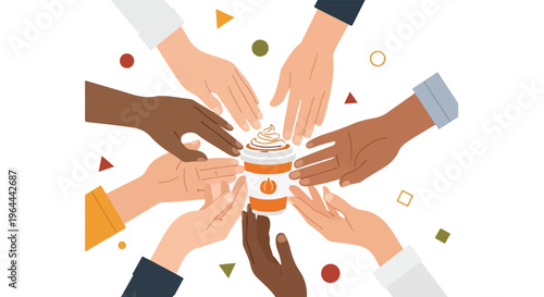 Diverse group of hands reaching for a pumpkin spice latte, symbolizing autumn, community, and seasonal treats.