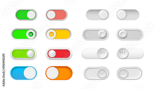 Sleek horizontal toggles with smooth animations. Vector isolated various action buttons with indicators. Minimalist design for web and mobile dashboards. Realistic user control panels