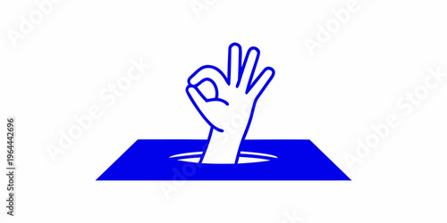 A blue hand emerges from a hole making an okay gesture