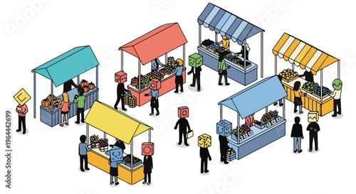 Illustration of people with cube heads at a vibrant outdoor market with colorful stalls selling fresh produce.