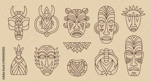 Collection of Tribal Masks and Ornaments in Outline Style.