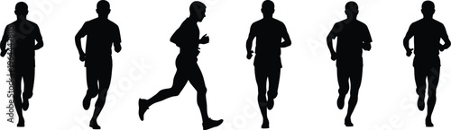 Collection of six running man silhouettes, black vector icons of male athletes in dynamic jogging and sprinting poses isolated on white.