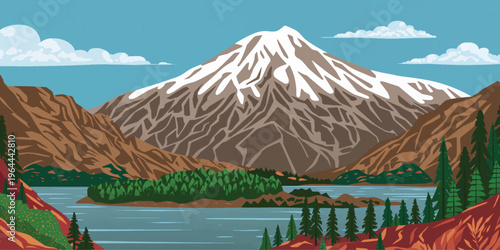 Mountain lake landscape with blue sky and mountain reflections