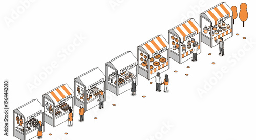 Isometric illustration of a bustling outdoor market with stalls selling food and crafts, people interacting and shopping