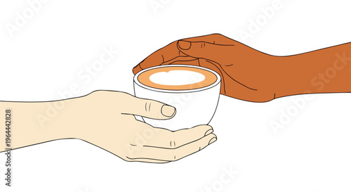 Two hands, one light-skinned and one dark-skinned, sharing a cup of coffee or latte with foam art