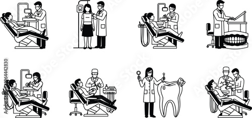 Set of eight dental care line art icons featuring dentists treating patients, x-ray examinations, tooth models, and oral hygiene procedures isolated on white background.