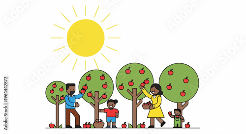 Family picking apples from trees in an orchard under a bright sun, representing harvest and healthy lifestyle