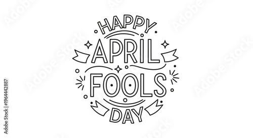 A playful Happy April Fools Day typography design featuring a circular logo with colorful text and decorative elements on a white background