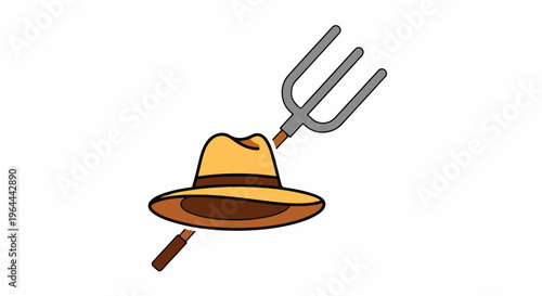 Stylized illustration of a farmer's hat and a pitchfork, symbolizing agriculture, farming, and rural life