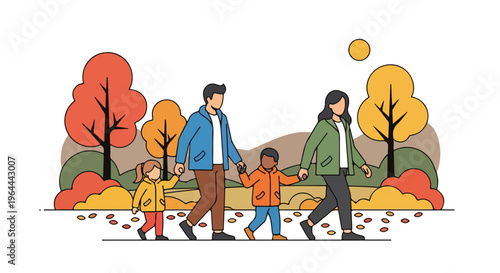 Diverse family of four, parents and two children, walking hand in hand in an autumn park with vibrant fall foliage and fallen leaves. Flat vector illustration.