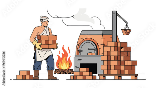Artisan at Work: An artisan meticulously arranges bricks near a traditional kiln, symbolizing craftsmanship and dedication in the construction process. 
