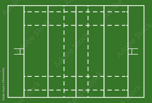 Rugby union field pitch layout top view illustration. Professional rugby pitch markings diagram on green grass background. Aerial view of a rugby stadium field with goal posts and lines.