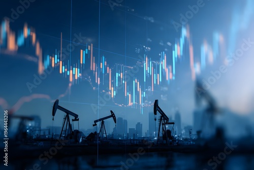 Silhouettes of oil pump jacks operating in field during blue hour overlaid with glowing digital stock market candlestick charts representing industrial performance and energy sector investment
