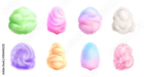 Airy cotton candy assortment set. Vector isolated candyflosses without sticks. Sugar texture confections rounded cloud shapes. Playful desserts collection, festive treats for amusement park