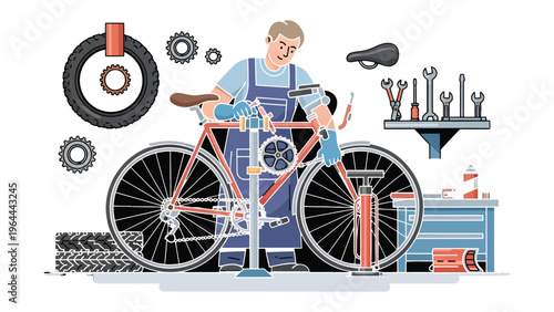 Bicycle Repair: A skilled mechanic meticulously repairs a bicycle in a well-equipped workshop, surrounded by various tools and spare parts, ensuring optimal performance and safety.