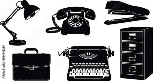 Collection of six vintage office equipment silhouettes, black vector icons of typewriter, rotary phone, and filing cabinet isolated on white