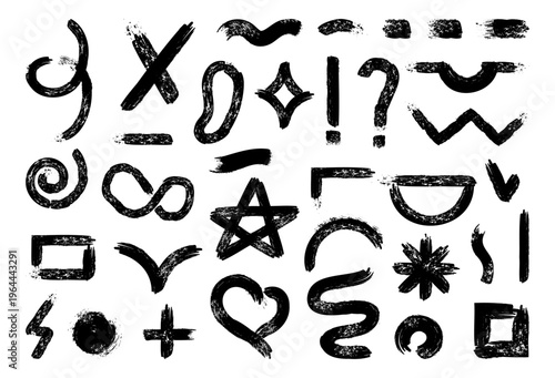 Brush shapes monochrome collection. Vector isolated swirl and infinity sign, plus and minus, star and heart, question and exclamation mark, dotted line and square. Hand drawn stroke texture