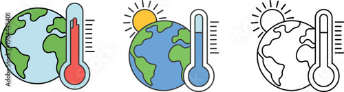 Global warming icons in multiple styles, featuring greenhouse gases, melting ice, clean minimal vector for climate change, environment, and ecological concepts.