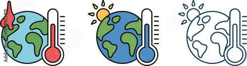Global warming icons in multiple styles, featuring greenhouse gases, melting ice, clean minimal vector for climate change, environment, and ecological concepts.